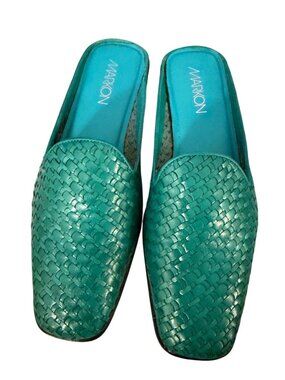 Markon Womens Slip On Basket-weave Mules Woven Leather Size 8 Green Casual New